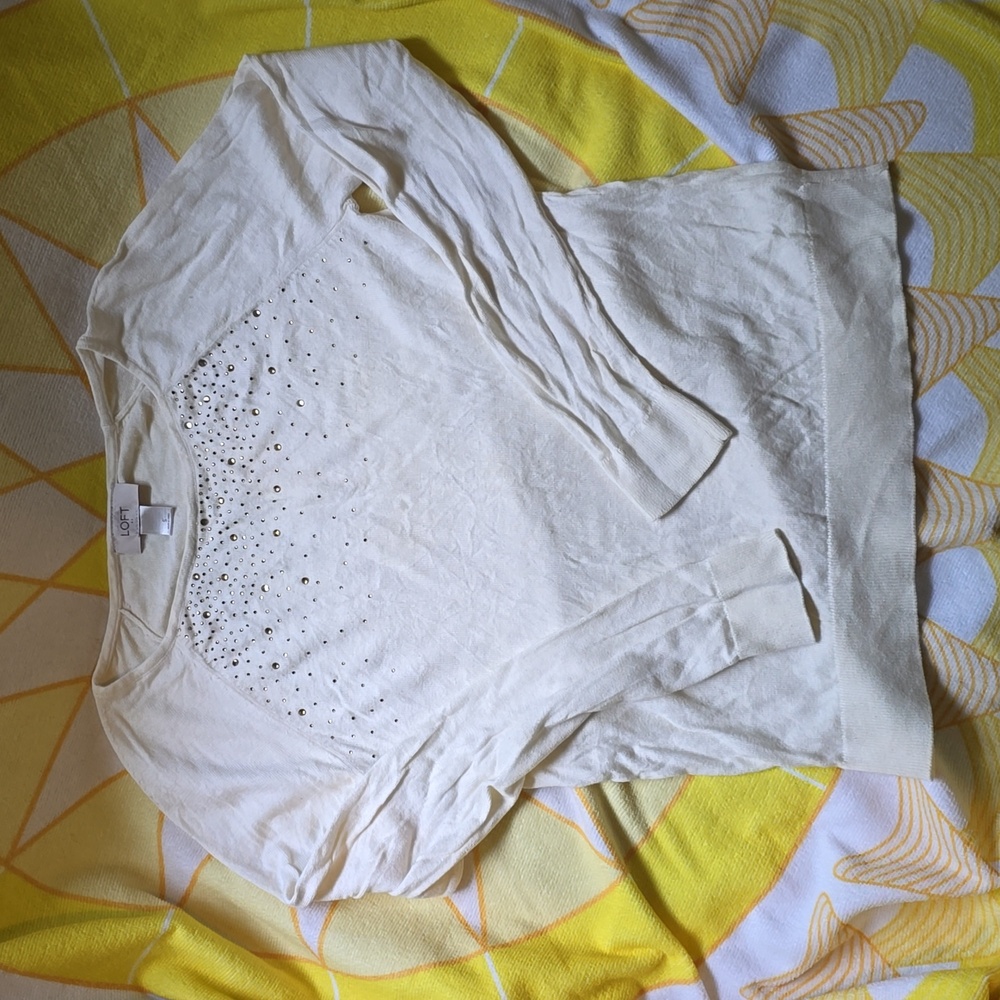 LOFT Off-white Long Sleeve Round Neck Sweater w/Gold Tone Rhinestones Sz:.Sm